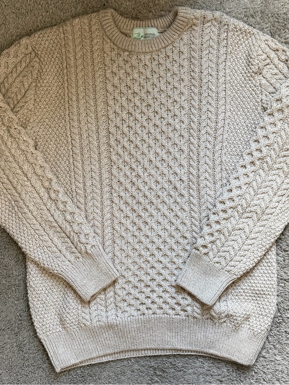 100% Wool Original Aran Co Men’s Cream Cable-Knit Crewneck Sweater Size XXL